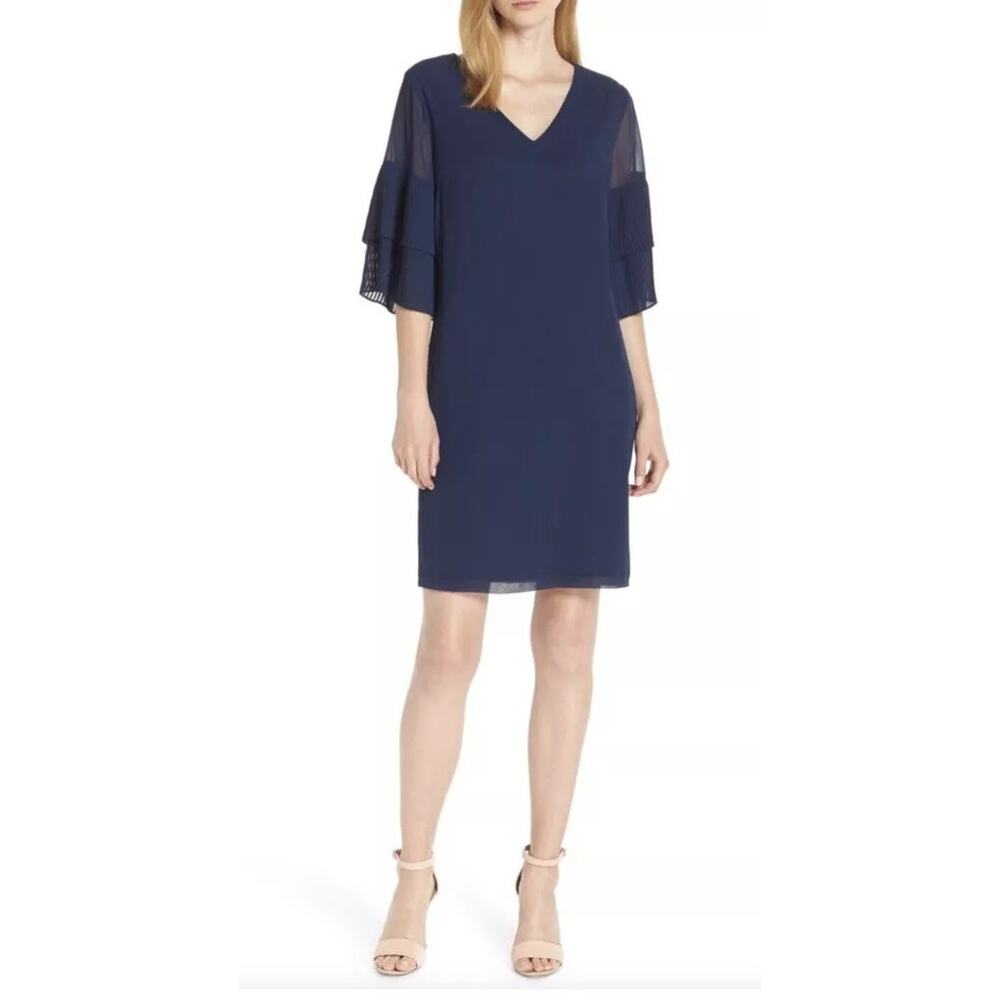 Sam Edelman Navy Chiffon Pleated Flutter Sleeve Shift Cocktail Dress Women's 2